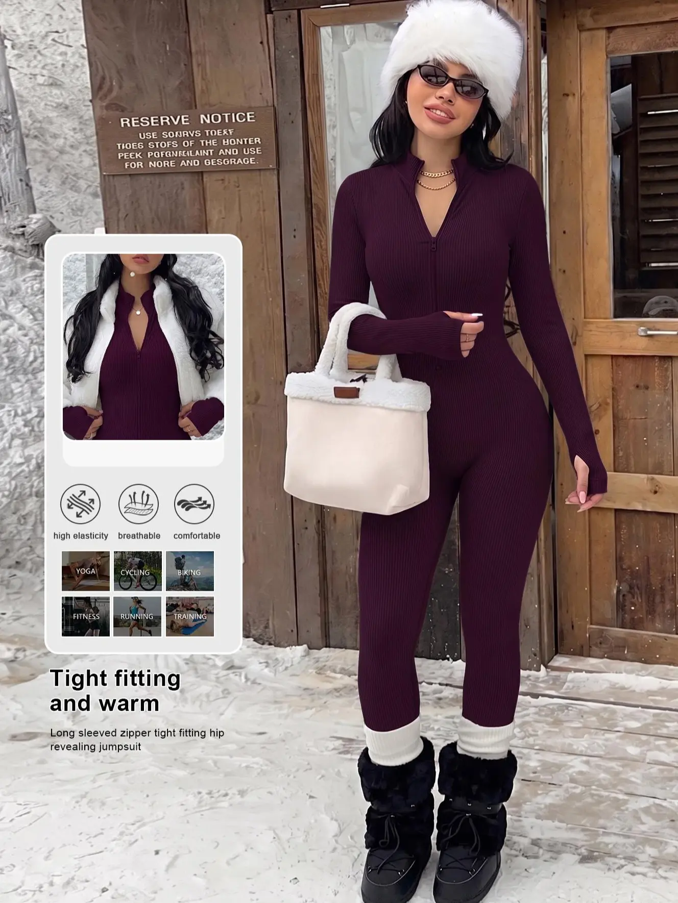 Women's Stretch Rib Seamless Front-Zip Long Sleeve Slim Fit Jumpsuit with Thumb Holes - Keep Warm Modern Gym Clothes for Fall Winter Casual Activewear, Jumpsuits for Women, Gym Clothes Women