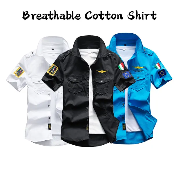 Menswear 100% Cotton Breathable Short-Sleeve Men's Work Shirt - Fabric Top with Badge Decoration, Multiple Pockets, Stylish Design for Motorcycling, Light Outdoor Activities, Shortsleeve, Badges Men's Casual Shirts
