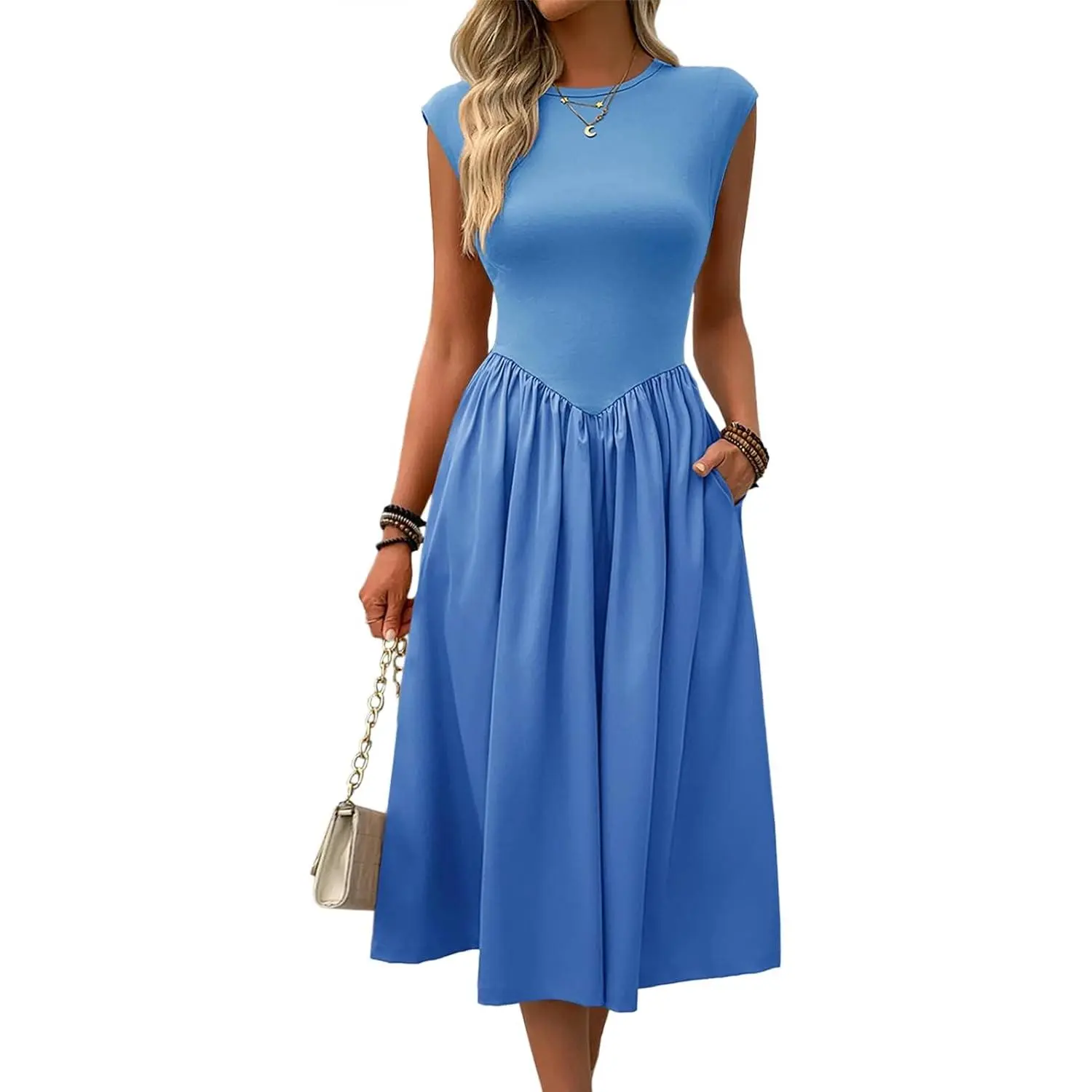 Aoysky Women's Minimalist Cap-Sleeve Midi Dress - Round Neck, Empire Waist, Flowy Swing, A-Line, Blank, Body-Friendly, Comfortable, 2025 Summer Trendy Casual Women's Clothing, A-Line Casual Dresses, Blank Casual Dresses