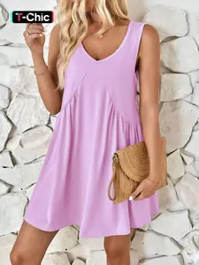 Women's Solid V Neck Pocket Design Tank Dress, Casual Minimalist Soft Sleeveless Short Dress for Summer, Ladies Clothes for Daily Wear