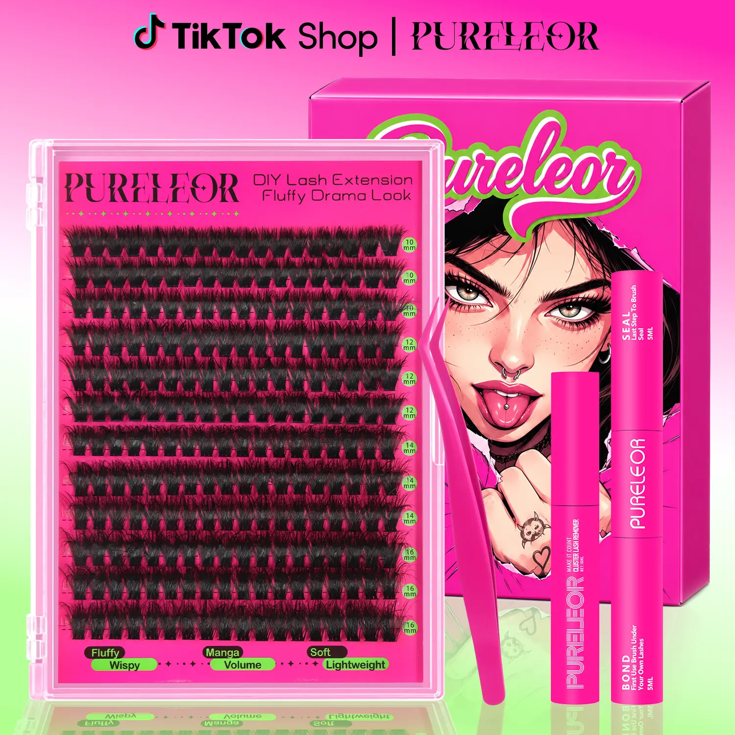 PURELEOR Flawless D-Curl Eyelash Clusters Kit, Wispy Lightweight 10-12-14-16mm Mixed Individual Lashes with Glue, Tweezers & Remover for At-Home Lash Extension Cosmetic Quick Makeup