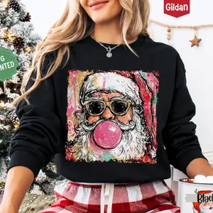 Retro Santa Blowing Bubble Sweatshirt, Women's Paint Splash Christmas Crewneck