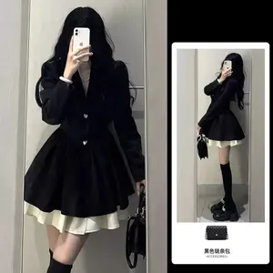 French Tailored Black Blazer Dress - Plus Size Gown with Corset Waist and Full Skirt Casual Womenswear