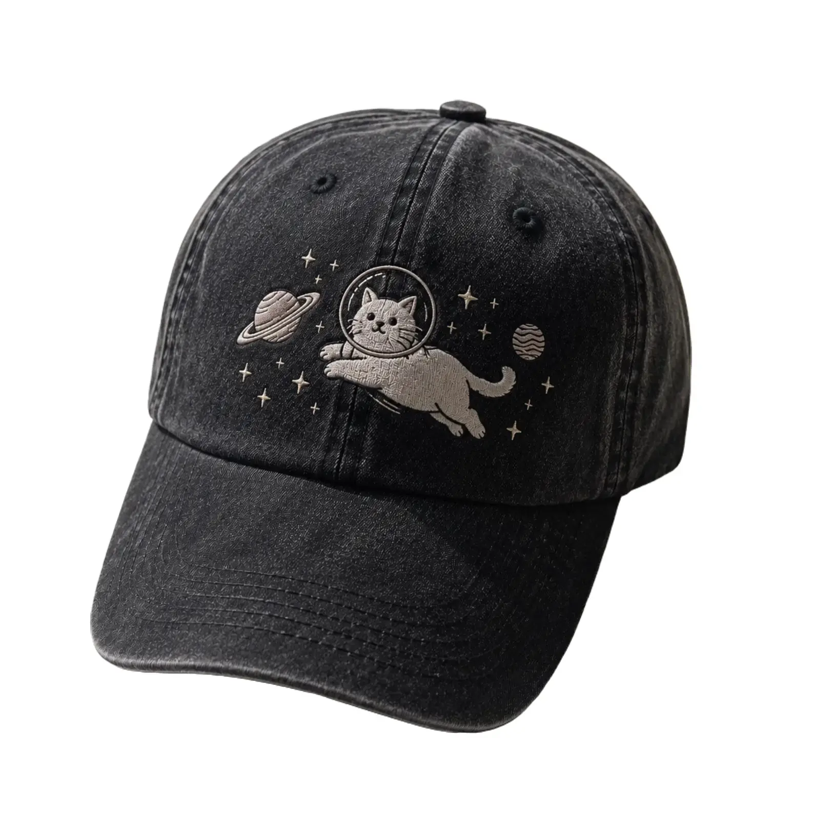 Embroidered Space Cat Baseball Hat, Vintage Washed Cotton Astronaut Kitty Dad Cap