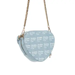 Heartshaped Denim Monogram Chain Bag in Light Blue - Stylish & Versatile Handbags for Everyday Use