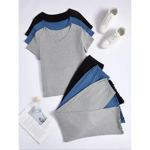 Women’s solid ribbed pajama set featuring a casual, comfortable short-sleeve V-neck T-shirt and elastic-waist lettuce-trim shorts; ladies’ sleepwear suitable for all seasons; pajamas