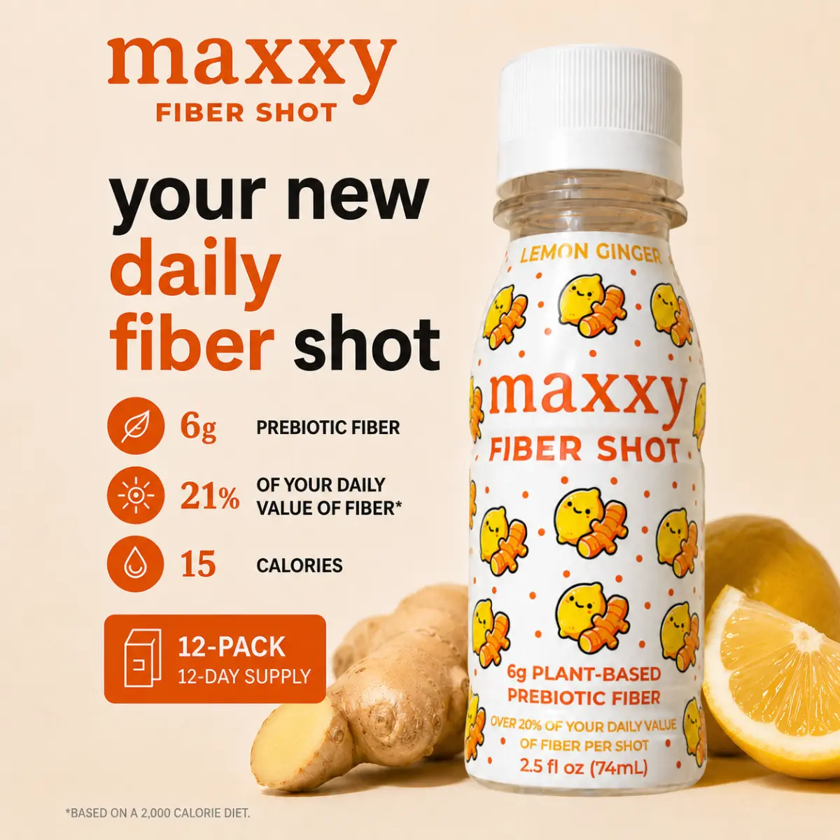 maxxy Lemon Ginger Fiber Shot | 12-Pack | 6g Prebiotic Fiber | 15 Calories