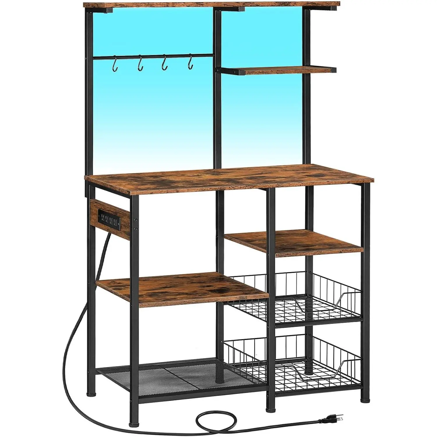Rustic Brown & Black Baker's Rack with Steel Frame, Sturdy Legs, 3 AC & 3 USB Outlets, LED Light Strip, 6-Tier Microwave Stand, Wire Baskets, 4 Hooks, Easy Setup Kitchen Utility Storage Shelf (BF64UDHB01)