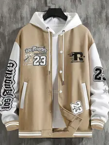 Men's Casual Letter Print Baseball Jacket, Fitted Design, Geometric Pattern, All Seasons Wear, Versatile Net Version, Casual Athletic Jacket