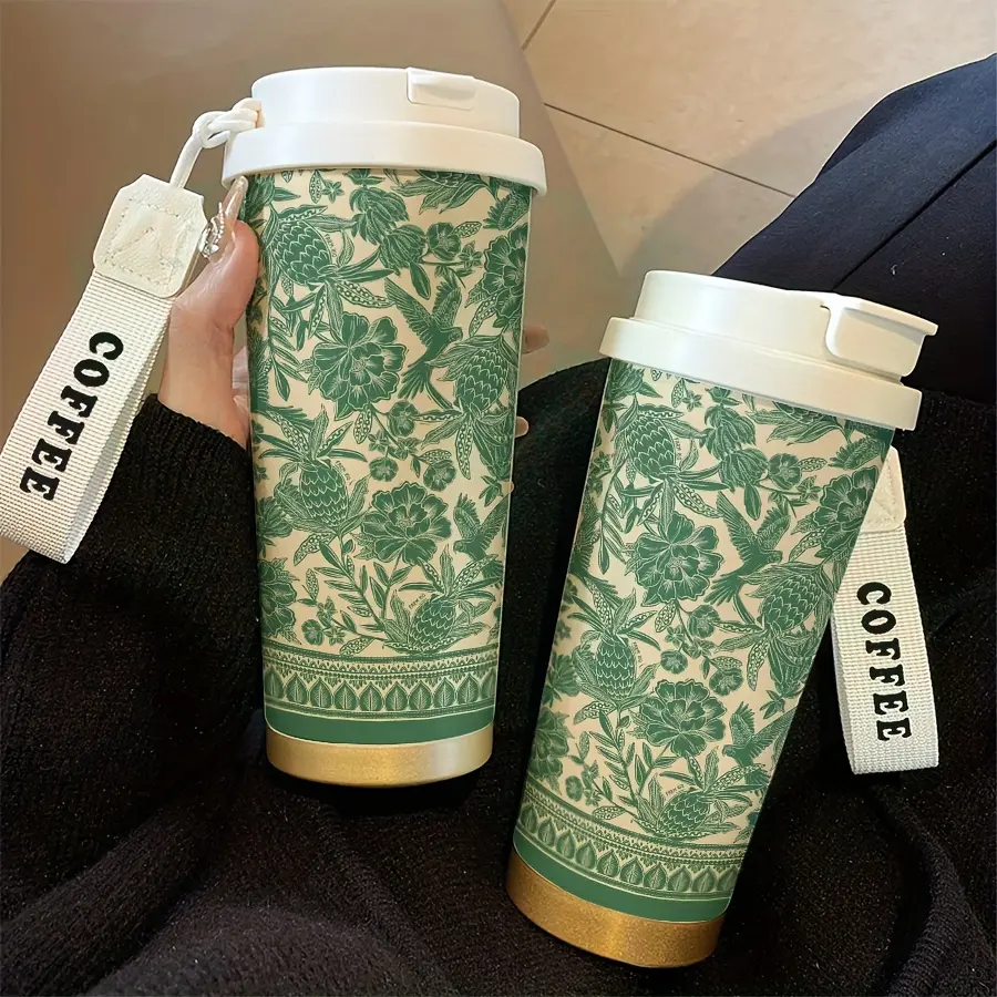 Vintage Plant Coffee Thermos Cup, 530ML Straw and Lid Set, Dual Wall Vacuum Insulated Travel Mug, Leak-Proof Cap and Handle