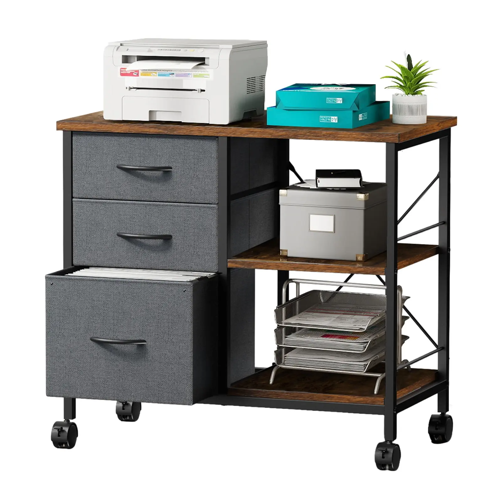 Gianna Mobile Rolling File Cabinet - 3 Drawers, Fabric Lateral Filing Storage for A4/Letter Size, Open Shelf Printer Stand for Home Office
