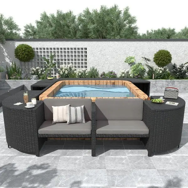 Seizeen Outdoor Rattan Sectional Sofa Set, Spa-Inspired Design, Wooden Seats, Built-in Storage, Compact Mini Sofa