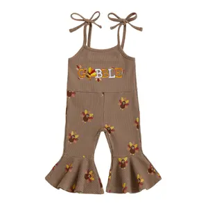 REDWOON Thanksgiving Toddler Girl Bell Bottom Jumpsuit GOBBLE Embroidery Turkey Print Romper Baby Spaghetti Straps Overalls Flare Pant Kid Playsuit