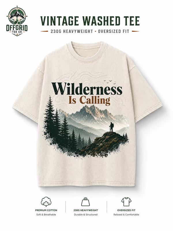 Men's Retro Casual Cotton Round Crew Neck Short-Sleeve Medium Length Loose T-Shirt - Outdoor Theme "Wilderness Is Calling" Mountain Nature Print, Machine Washable Light Hiking Tops