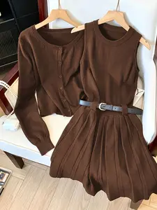 Women's Fashion Knit Two-Piece Set, Casual Matching Set, Round Neck Cardigan + Sleeveless Pleated Skirt, Fall & Winter Casual