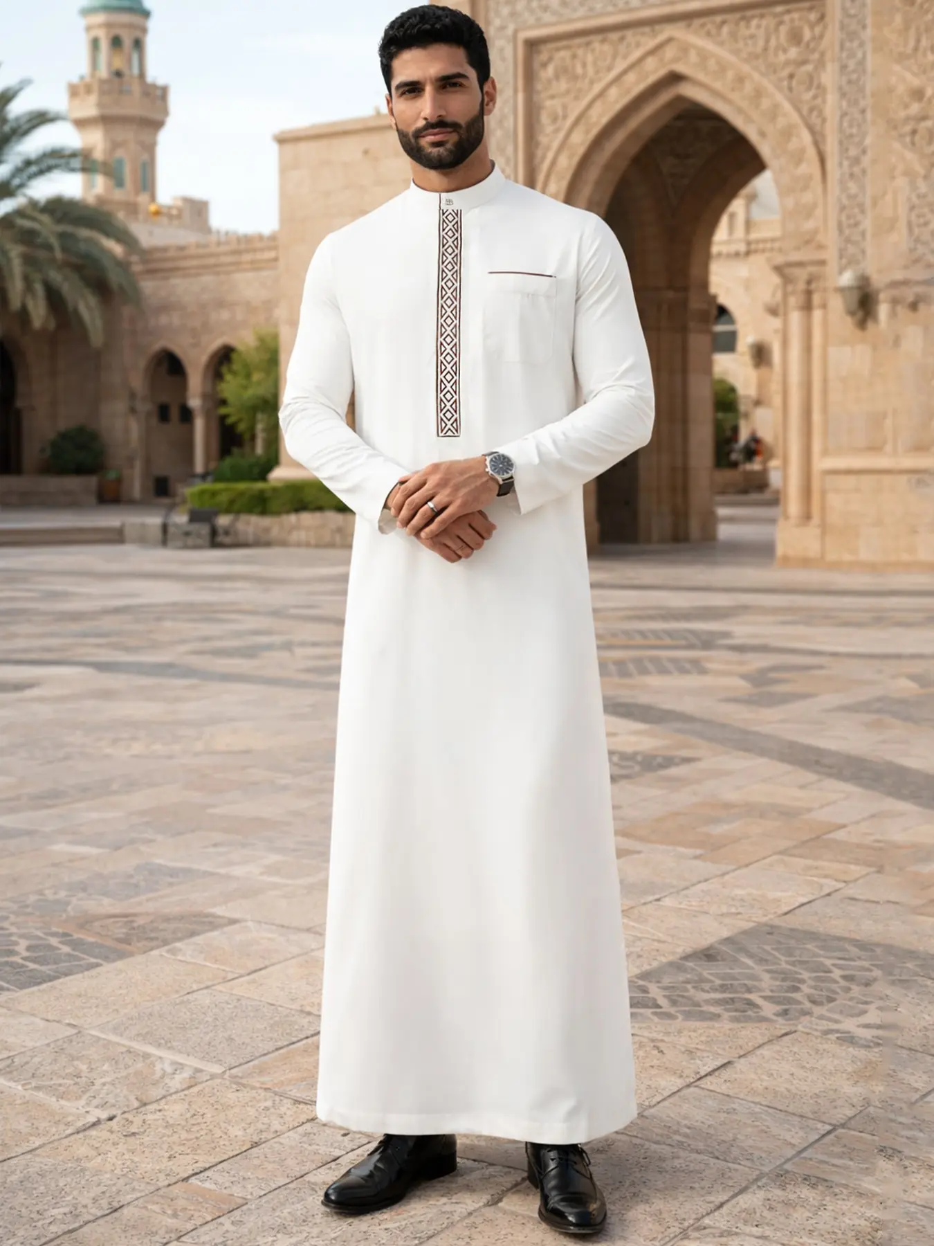 Men's Traditional Middle Eastern Robe Thobe, Clothes, Ethnic Style Casual Geometric Embroidery, Classic Stand Collar Long Sleeve, Festival Clothing, Modesty Thobe