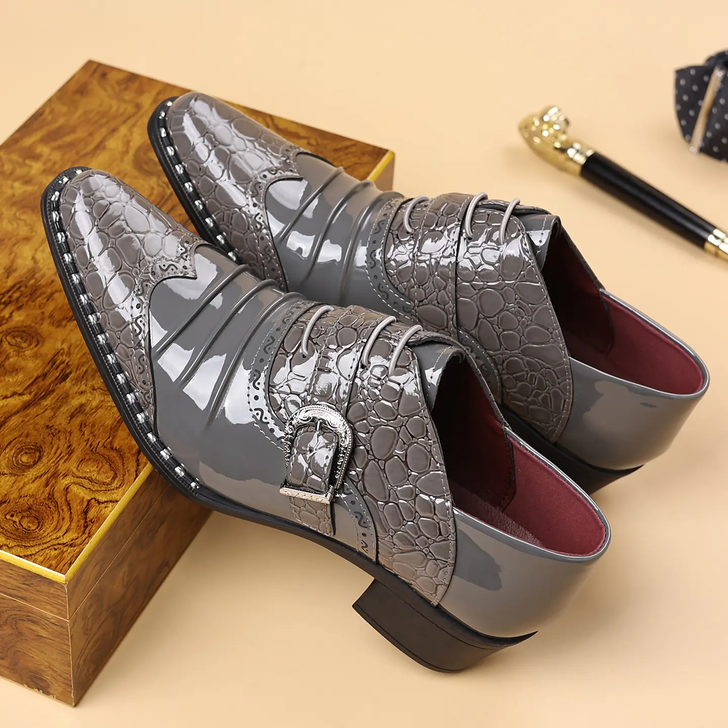 Men's Formal Patent Leather Oxfords - Luxury Footwear with Pointed Toe, Elegant Buckle, Rubber Sole, All-Season Versatility for Office, Wedding, Pull-On Faux Leather Shoes