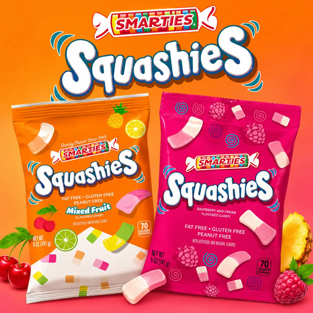 Smarties Squashies Gummy Candy - Mixed Fruit or Raspberry and Cream Flavors - 5 oz Chewy Fruit Candy Snack