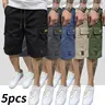 Men's 5-Pack Woven Oversized Cargo Shorts - Polyester Drawstring Bottoms with High-Capacity Pockets, Knee-Length Casual Loose Workwear