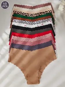 Women's Solid Color & All Over Print Seamless Briefs Panties with Scallop Trim (5/7/10/15/30 Pcs), Colorful Design, Comfortable Skin-friendly Breathable Underwear for All Seasons