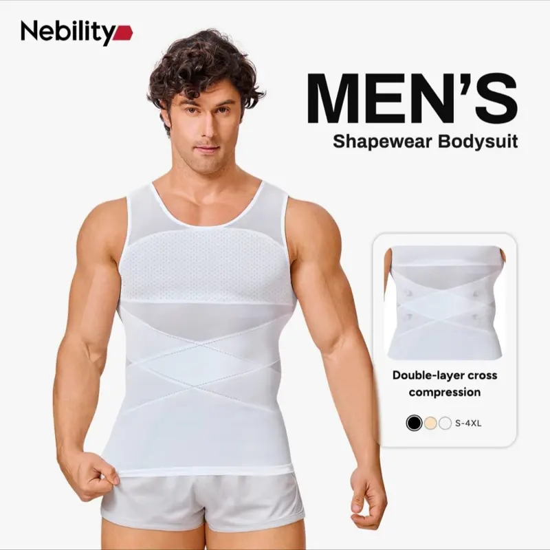 Nebility Men's Summer Thin Shapewear Tanktop - Menswear Mesh Tummy Control Breathable High Elasticity Seamless Sports Compression Vest Fitness X-Shape Design