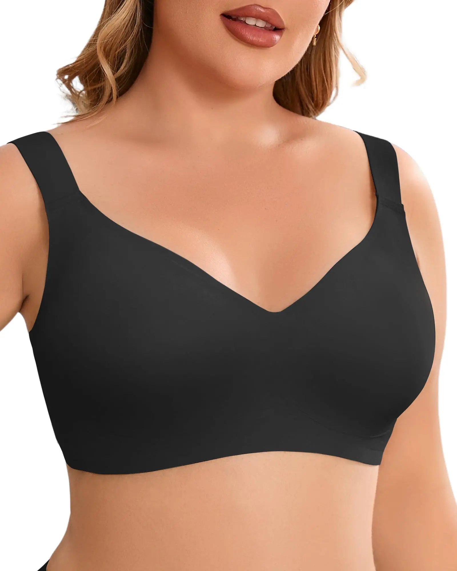 SHARICCA Plus Size Wireless Support Bra, W Jelly Strip Lift Wide Strap U Back Seamless Everyday Bra