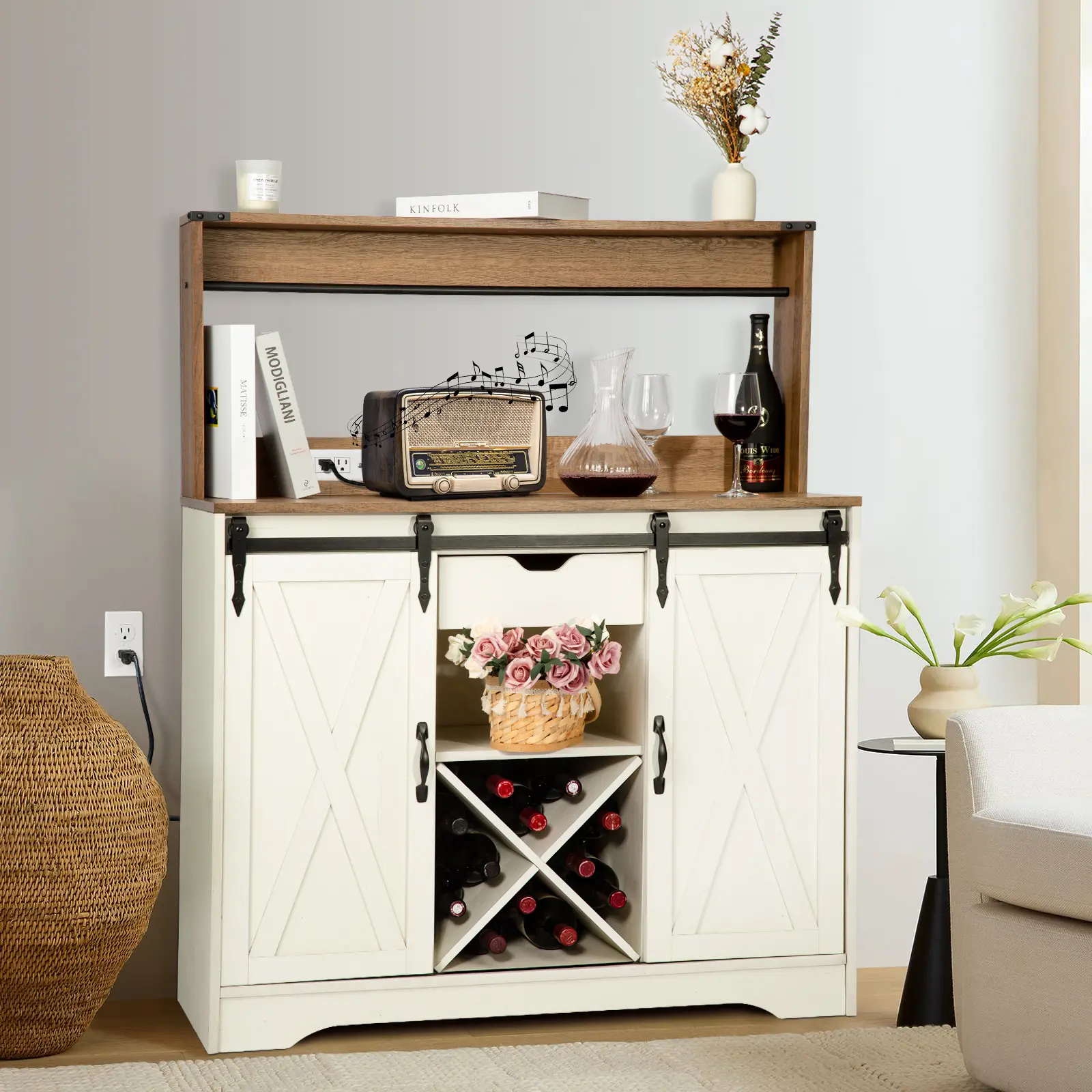 PieDle Furniture Farmhouse 43" Kitchen Hutch with Charging Station, USB Outlets, and a Stylish Sliding Barn Door, Great for Coffee Stations in Kitchen, Dining, or Living Rooms