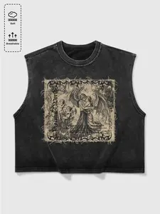 Men's Angel Print Vintage Washed Crop Graphic Tank Top, Stylish Tank, Retro Sleeveless Round Neck Top for Summer, Summer Tank Tops, Fashion Men's Clothes for Daily Wear, Socks