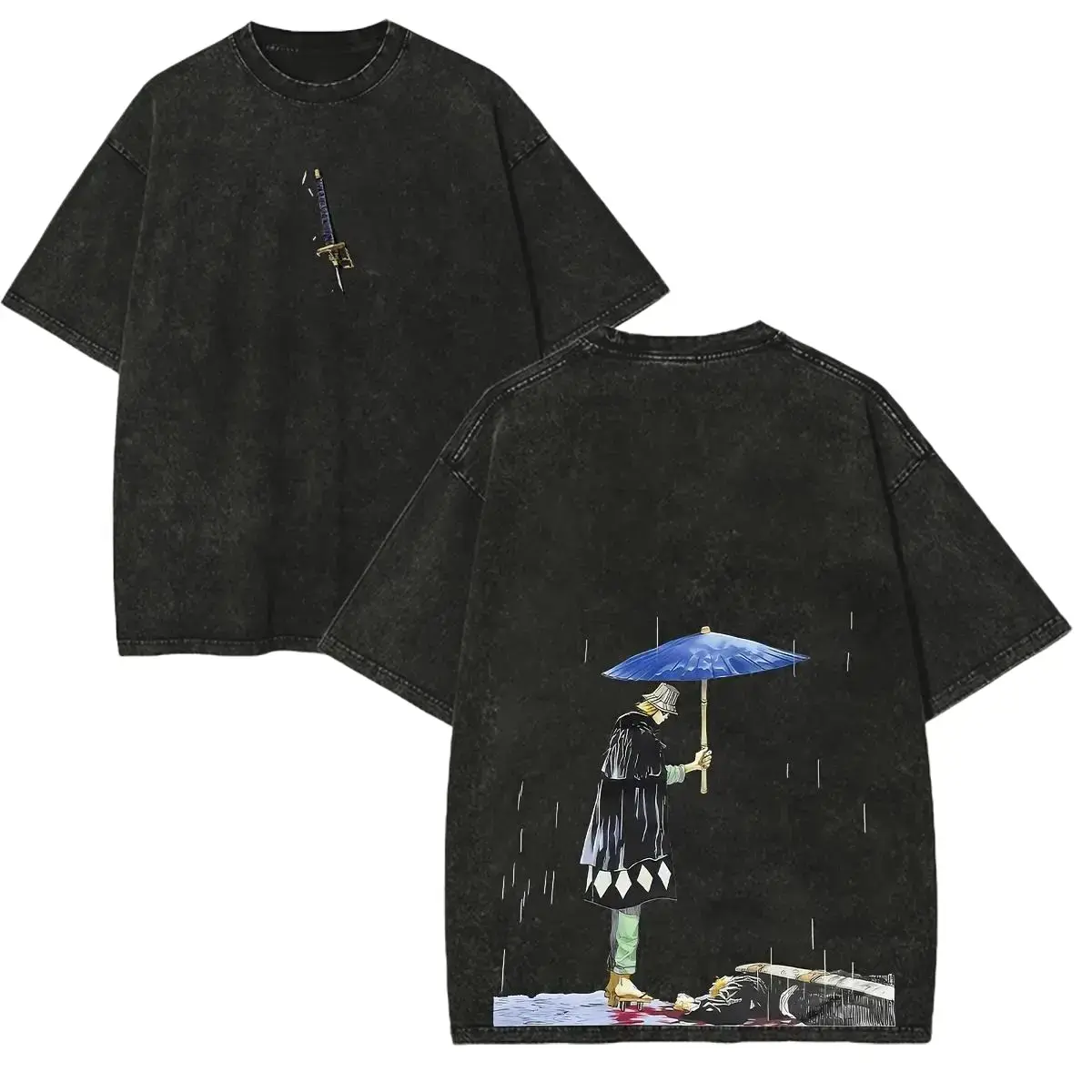 Kisuke Urahara Bleach Oversized Anime Graphic Tee Vintage Acid Washed Black Cotton T-Shirt Double Sided Print Streetwear Men Women Gym Pump Cover Japanese Manga Merch Casual Y2K Top TikTok Fashion Trend Anime Workout Clothes Casual Apparel Tops