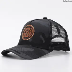 Camouflage Mesh Trucker Hat, Vintage Leather Patch Adjustable Snapback Cap