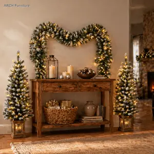 4 ft Tall PVC Artificial Christmas 3-Piece Decor Set - Pre-Lit Duo Metal Entrance Trees, Wreath, Glam Ornaments, Easy Assembly, Slide-Friendly Festive Home Decoration Gifts