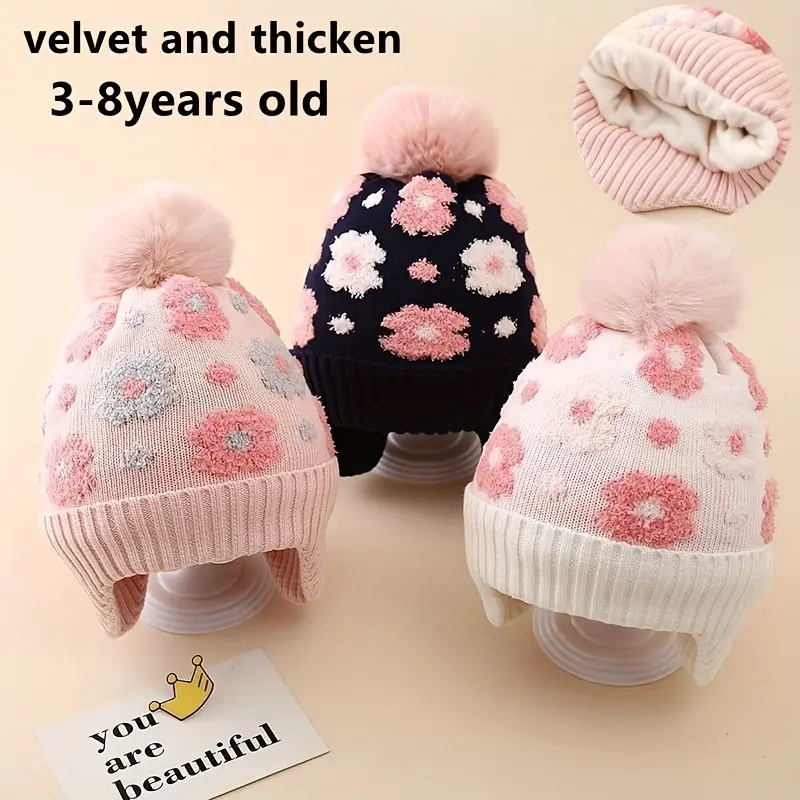 3-8 Years Old Children's Floral Knitted Wool Hat with Pom Pom Earflaps Warm Style - Acrylic Material Hand Washable/Dry Cleanable Winter Casual Wear Christmas Theme Dreamy Design Adjustable Buckle Closure Ear Protection
