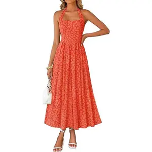 ZESICA Women's Summer Sleeveless Floral Midi Dresses 2026 Halter Neck Wedding Guest Cocktail Party Flowy A Line Long Dress