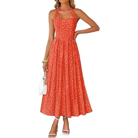ZESICA Women's 2026 Summer Sleeveless Halter Neck Tropical Floral Print Gown - Lightweight A-Line Flowy Midi Casual Dress, Dress for Wedding Guest with Beach-to-Party Fit