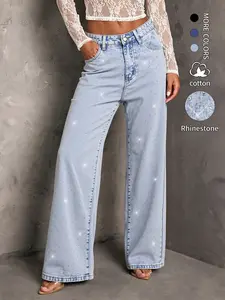 Women's Retro High Waisted Rhinestone Straight Jeans with Shiny Embellishments, Street Style Loose Fit Ankle-Length Denim Streetwear for Parties Music Festivals Casual Daily Wear
