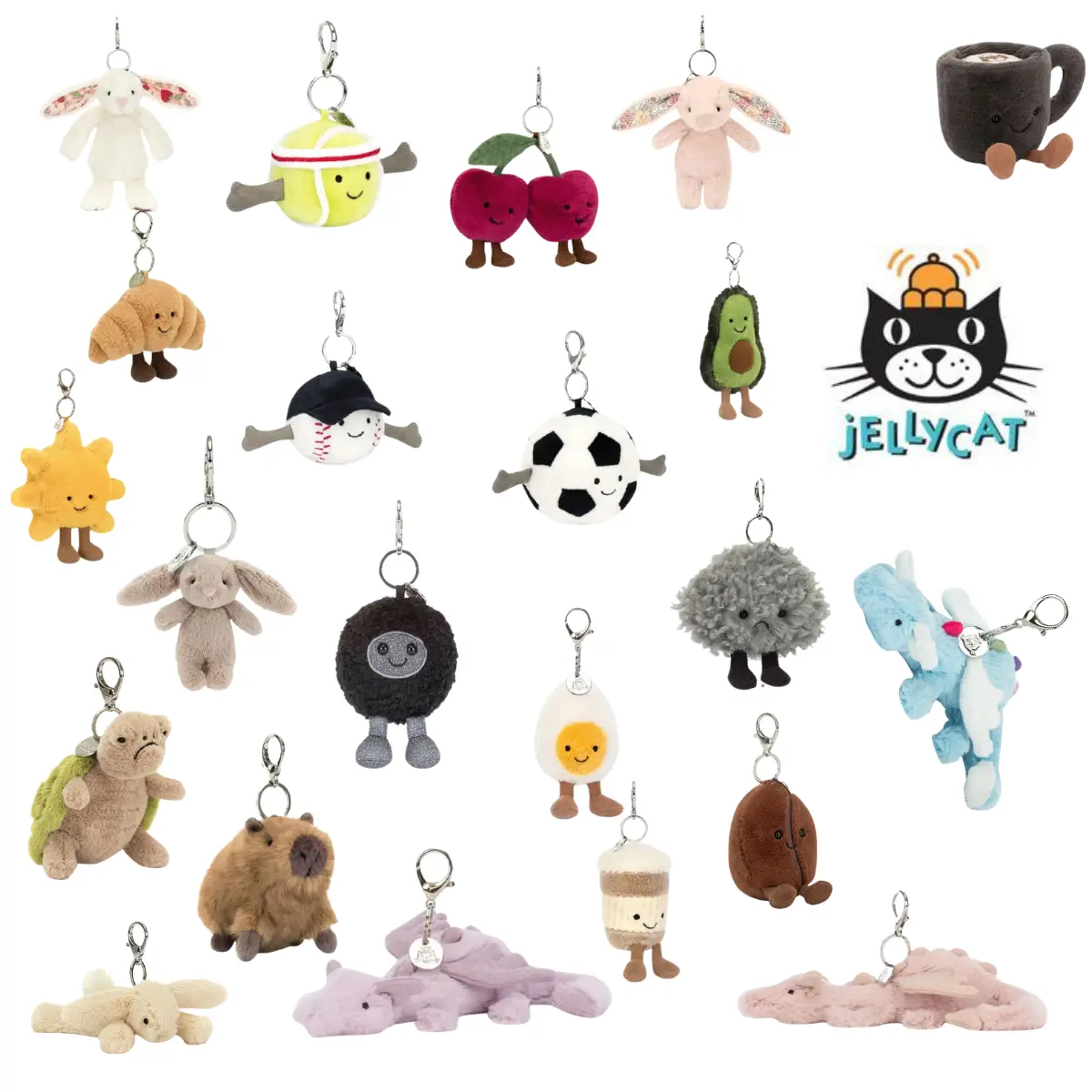 Jellycat Collectible Plush Keychain - Cute Animal or Food-Themed Soft Charm, Hanging Pendant Gift for Backpacks, Car Keys