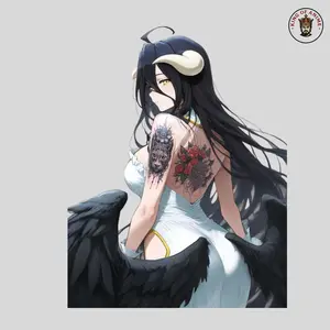 Elegant Dark Albedo Overlord Waifu Sticker, Intricate Leopard Tattoo and Floral Back Design, Vinyl Sticker for Laptop Notebook Decor