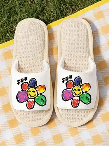 Vibrant Rainbow Graffiti Sunflower Slippers, Waffle Breathable Insole, Sun Letter Cartoon Design, Women's Home Slip-Ons, Comfortable Indoor Shoes