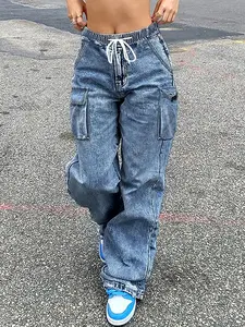 Women's Adjustable Drawstring Pocket Denim Straight-Leg Pants, Loose Fit Casual Style, All-Season Wear, Fashionable Workwear Look