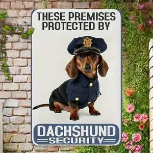 2D Flat, 2D Flat 8x12 Inches Vintage Metal Tin Sign - 'These Premises Protected By Dachshund Security' - Pre-Drilled, Waterproof, Suitable for Home, Coffee, Or Garden Decor 2D Flat