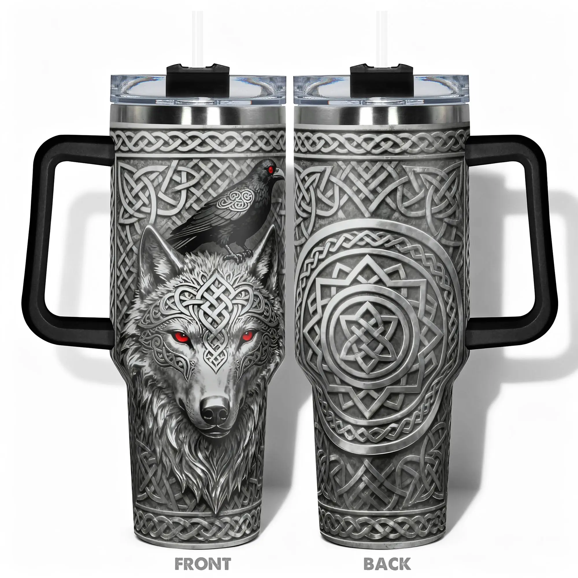 1pc Stainless Steel Cup, Traveler Tumbler, 40oz Water Bottle, Reusable Vacuum Insulated Cups, Double Wall Insulated Design With Celtic Wolf and Raven Leakproof Large Capacity, For Gym, Hiking, Travel, Insulated Mug