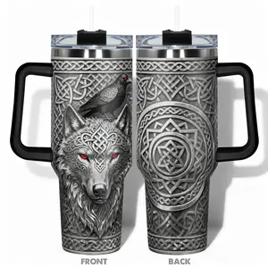 1pc Stainless Steel Cup, Stainless Steel Tumbler, 40oz/30oz Water Bottle, Design With Celtic Wolf and Raven Double-layer Insulation Leakproof Large Capacity, For Gym, Hiking, Travel, Insulated Mug, Stainless Steel Drinkware