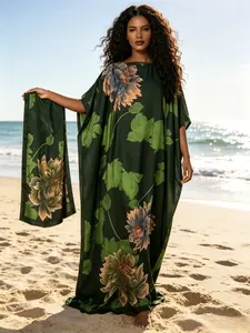 1 Robe+1 Scarf Green Watercolor Peony Printed Robe Dress Set Large Ship Collar Loose Flesh Covering Long Dress+Scarf Light Luxury Noble Dress Style Boho Kaftan Dress Long Dress Muslim Elegant Noble Vacation/Daily Flesh Covering and Slimming Two Piece Set