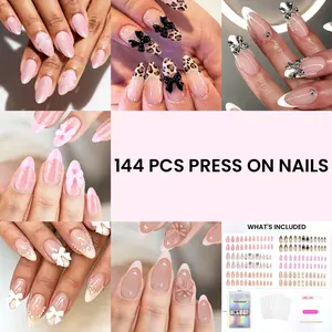144 Pcs (6 Packs) Value Set | Press on Nails with Jelly Glue | Mixed Coffin & Almond Shapes | Reusable Stick on Nails | No Glue Damage | 12 Sizes