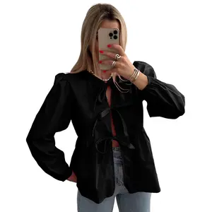 UANEO Women's Bow Tie Front Babydoll Blouse Long Sleeve Peplum Ruffle Hem Reversible Shirts Summer Tops