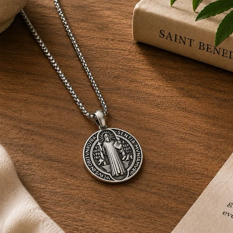 Unisex Christian Saint Benedict Cross Pendant Necklace, Casual Simple Daily Everyday Unisex Wear Religious Jewelry, Latin Cross Benedictine Abbey Design, Durable Zinc Alloy Chain Gift for Men Women
