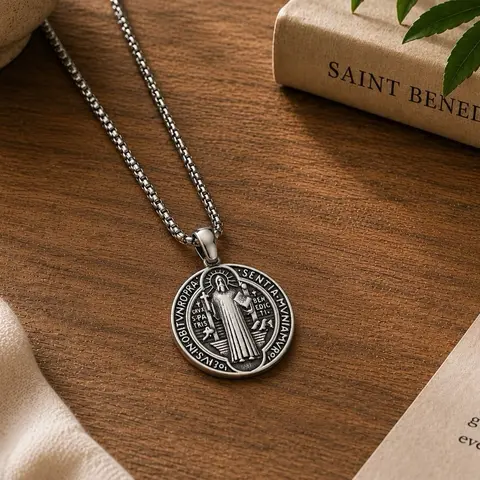 Unisex Christian San Benito Medal Latin Cross Pendant Necklace - Benedictine Abbey Design, Durable Stainless Steel Chain, Christian Cross Charms & Pendants for Daily Female Male Religious Jewelry Gift