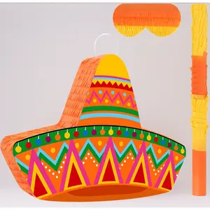 Mexican Sombrero Piñata – 16.1" x 11.8" x 3.2" Themed Piñata for Cinco de Mayo, Fiesta, Carnival, or Birthday Party Games – Includes Stick & Blindfold