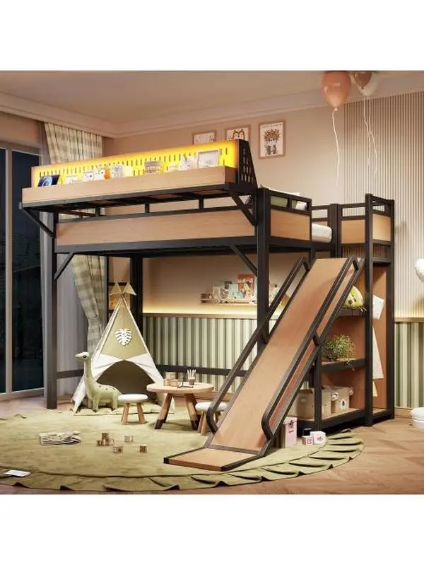 Bellemave  Loft Bed with Slide, Storage Shelves and Built-in Wardrobe, Metal Loft Bed Frame with USB Ports and LED Lights, with Pegboard, Safety and Solid
