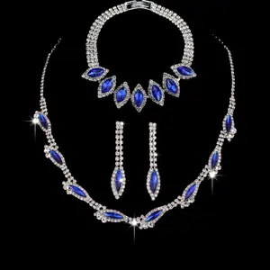 Sapphire Blue Necklace Earrings Bracelet Set Single Marquise Rhinestone Costume Jewelry Elegant Prom Choker Statement Collar for Evening Gala Gown